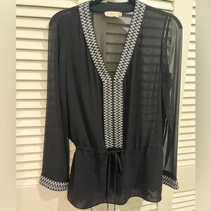 Tory Burch Black Sheer Blouse with White Trim